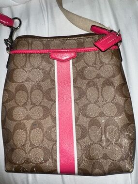 Coach Khaki Signature Crossbody with Pink Center Stripe